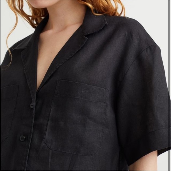 H&M Linen Black Crop Boxy Short Sleeve Shirt Sz XL Vacation Beach - Picture 7 of 13